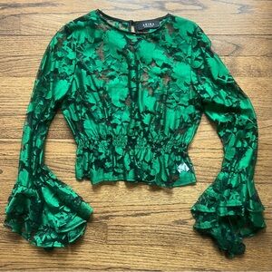 AKIRA Gorgeous Green and Black Bell Sleeve Crop Blouse